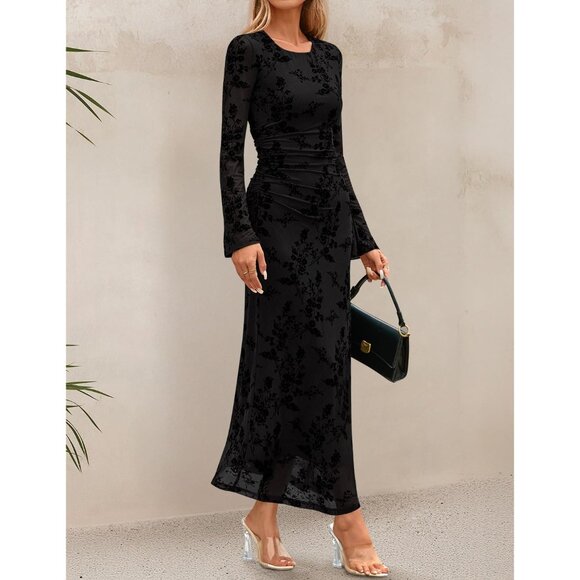 Zesica Women's Black Yellow Ruched Mesh Long Sleeve Floral Bodycon Dress - Picture 2 of 6